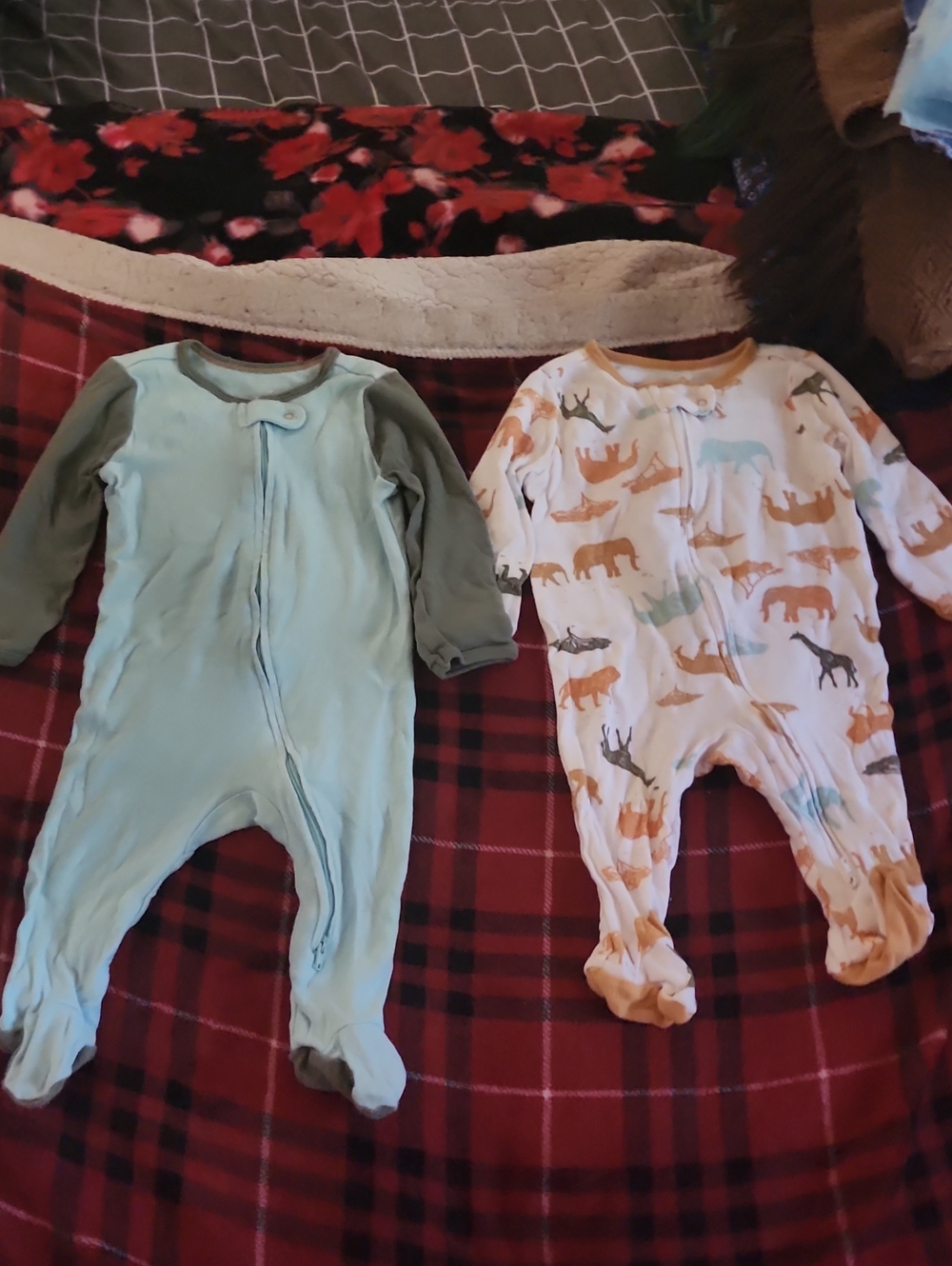 Set of 3 cloud island Mint Green and Cream, Animal Print, Orange Romper.